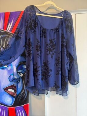 Torrid Blue Floral Georgette Split Back Overlay Blouse - Size 2 / 2X